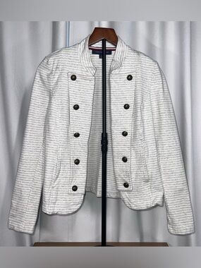 Tommy Hilfiger Military Blazer Gray/White Striped Double Breasted Jacket - S/P